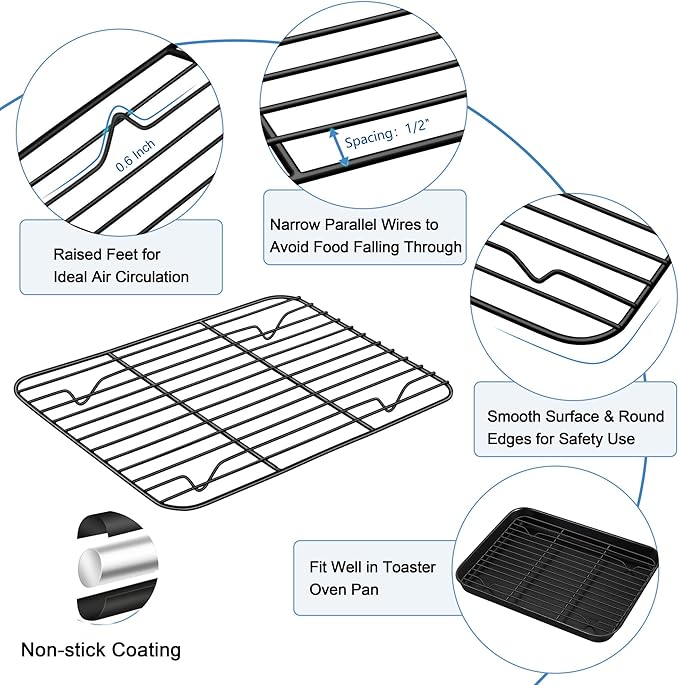TeamFar Toaster Oven Pans with Racks Set, 9.25 x 7 x 1 Inch Carbon Steel Mini Baking Pan Tray with Rack for Roasting Cooling, Non-Toxic & Heavy Duty, Nonstick & Easy Clean, (2 Pans & 2 Racks)