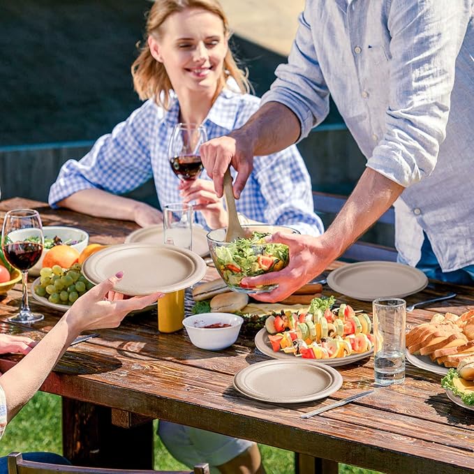 Gezond 100% Compostable Paper Plates 7 Inch, 150pcs Disposable Heavy-Duty Plates Unbleached Biodegradable Plate Made of Sugarcane Fiber