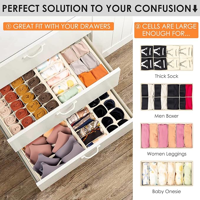 Drawer Organizer Clothes, 16 Pack Dresser Organizer Bins for Baby Clothes, Underwear Sock, Fabric Closet Organization and Storage Dividers for Nursery Bedroom (96 Compartments, Beige)