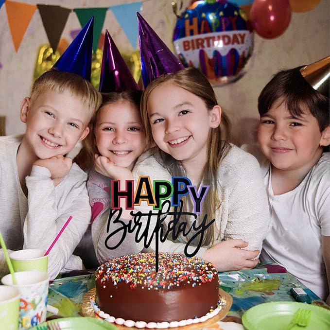 Acrylic Black Happy Birthday Cake Topper, 7.5" x 6" Rainbow Birthday Cake Decoration (Black)