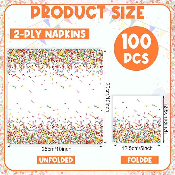 100 Pcs Sprinkles Napkins 2 Ply Disposable Paper Napkins for Baby Shower Birthday Party Theme Table Decor Supplies(White,Confetti)