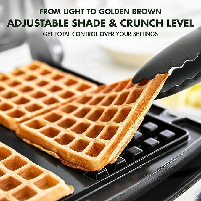 GreenPan Elite 4-Square Belgian & Classic Waffle Maker, Healthy Ceramic Nonstick Aluminum Dishwasher Safe Plates, Adjustable Shade/Crunch Control, Wont Overflow,Easy Cleanup Breakfast,PFAS-Free,Black