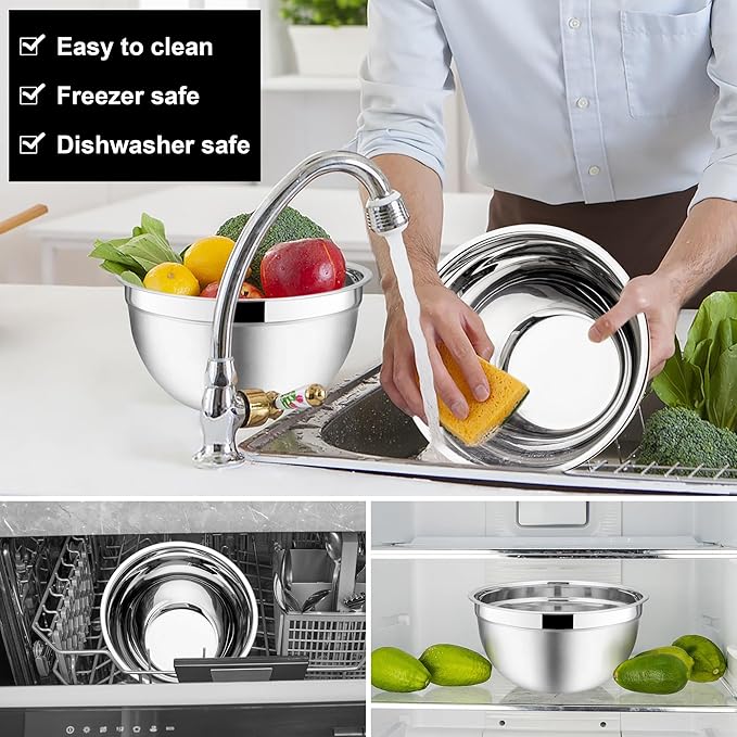 E-far Mixing Bowls with Lids, 6-Piece Stainless Steel Salad Bowls Metal Nesting Bowls for Baking Cooking and Prepping, Airtight Lids & Stackable Design, Size 4.5, 3, 1.5 QT (Black)