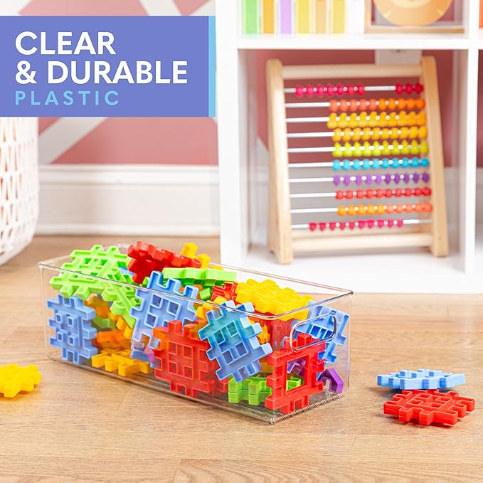 Plastic Food Storage 4 Pack Clear Container Bin with Handles for Organizing Kitchen, Pantry, Refrigerator, Freezer, Pantry, Cabinet, Closet, Bathroom. 16”x6”x5”