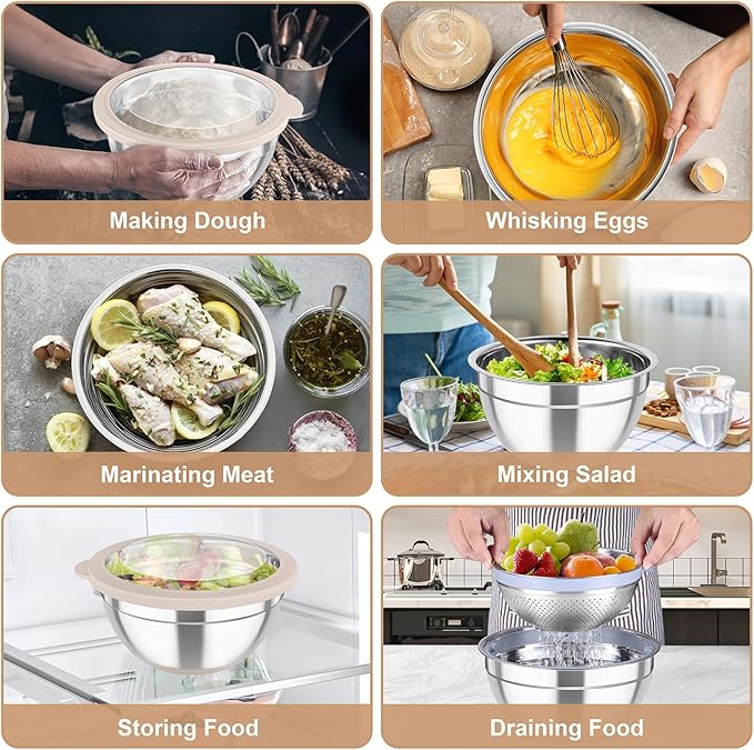 TeamFar Mixing Bowls with Colander Set, Stainless Steel Strainer and Nesting Salad Bowls, with Lids & 3 Graters, Non-Slip Bottom & Visible Lid, Rotatable & Dishwasher Safe, 4.6/3/1.5 QT, Khaki