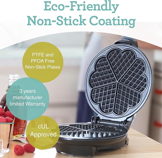 Euro Cuisine WM520 Heart Shaped Iron Waffle Maker - Eco-Friendly PTFE and PFOA Free Non Stick Plates, Perfect for V-Day & Special Occasions, 8-Inch
