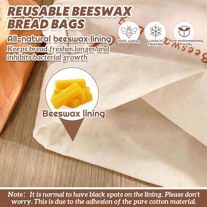 4 Pcs Beeswax Bread Bags for Sourdough Reusable Cotton Bread Storage Bags 13” x 17” Large Container Accessories for Homemade Loaf Keep Fresh Food Storage Gifts
