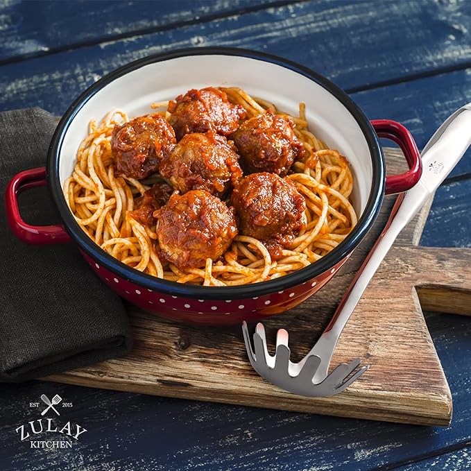 Zulay Kitchen Premium Stainless Steel Spaghetti Spoon - Pasta Spoon with Teeth - Metal Pasta Spoon - Pasta Fork Noodle Spoon - Easy to Use & Clean Pasta Utensil - 12’ Pasta Server