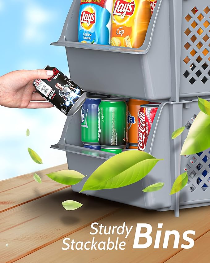 Skywin TidyFriend Stackable Storage Bins for Pantry, 4 Pack Stackable Bins For Organizing Food, Kitchen, and Bathroom Essentials (Grey)