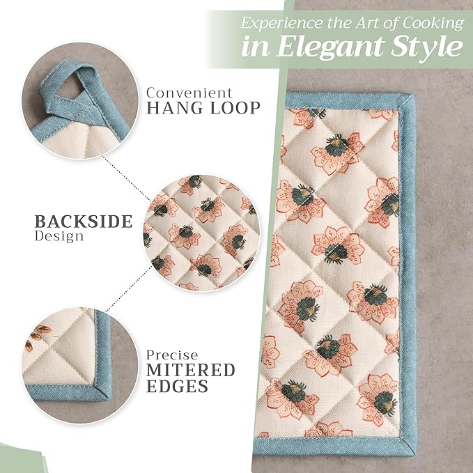 Maison d' Hermine Pot Holders Set 100% Cotton Heat Resistant Potholders 8" x 8" Hot Pads with Loop BBQ, Cooking, Baking, Grilling, Kitchen, Handling Hot Pans (Pack of 2, Dalida)