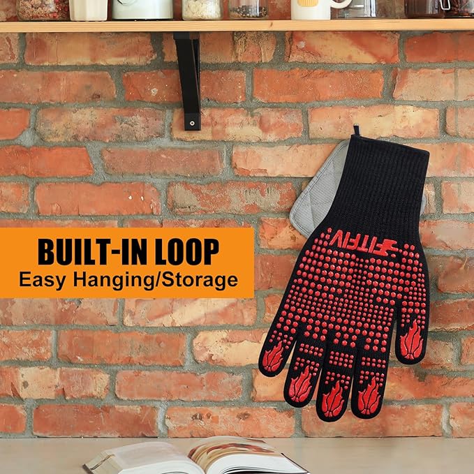 BBQ Gloves, Oven Gloves, 1472°F Extreme Heat Resistant Barbecue Gloves, Silicone Non-Slip Oven Mitts, Kitchen Gloves for Cooking, Grilling, and Baking (Red)