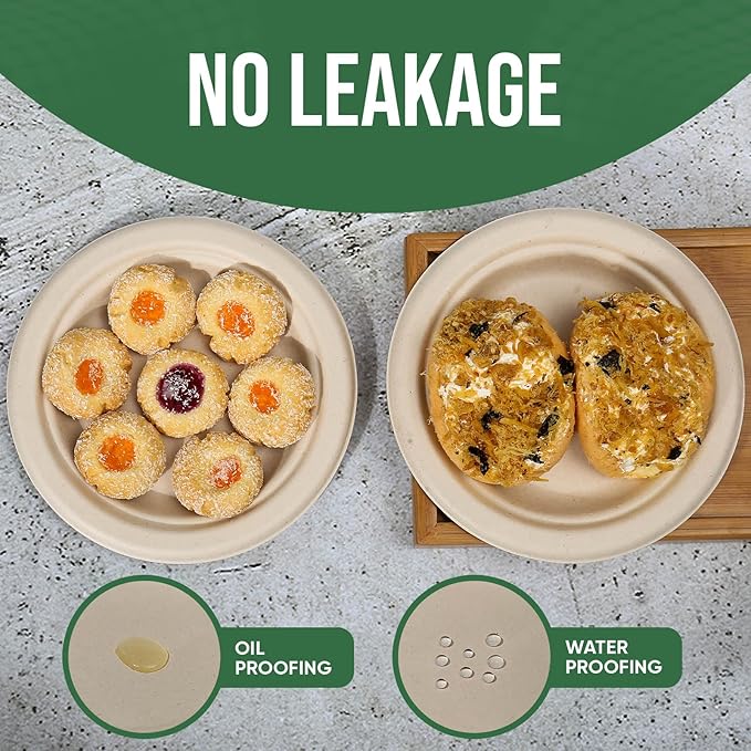 7 Inch Paper Plates 100 Pack - 100% Compostable Disposable Plates, Heavy Duty Dessert Plates, Biodegradable Sugarcane Plates for Party (Microwavable, Oil/Water Proof, Eco-Friendly, Brown)