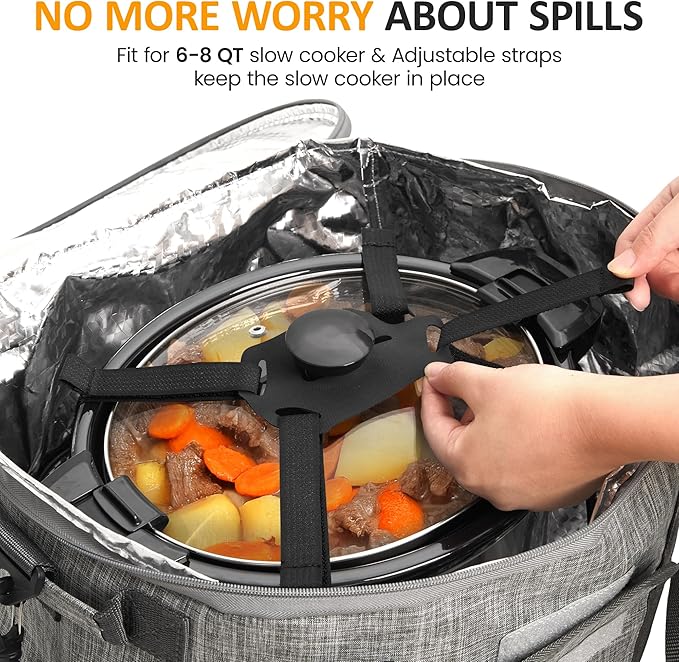 Sunvivi Portable Slow Cooker Bag Fits for 6-8 Quart, Insulated Travel Bag with See-thought Window, Carry Case with Top Zip Compartment, Mesh Pocket & Adjustable Band for Camping, Potluck, Gathering