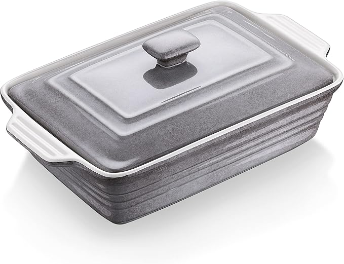 LOVECASA 4.5 Quart Ceramic Casserole Dish with Lid, 9x13 Baking Dish for Oven, Lasagna Pan Deep with Handles, Stoneware Bakeware, Oven & Dishwasher Safe, Grey