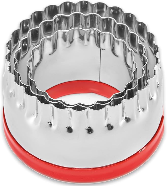 3Pcs Fluted Round Cookie Cutters - 2" & 2.6" & 3", Heavy Duty Food-Grade Stainless Steel, Mini Biscuit Cutter, Unique Design with Protective Red Top PVC