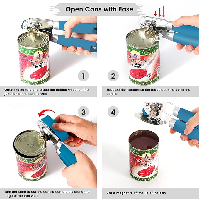 Beneno Can Opener Manual with Magnet, Hand Held Heavy Duty Can Opener with Durable Sharp Blade Smooth Edge, Big Effort-Saving Knob, Soft Grip Rubber Handle, Multifunctional Bottle Opener, Aqua
