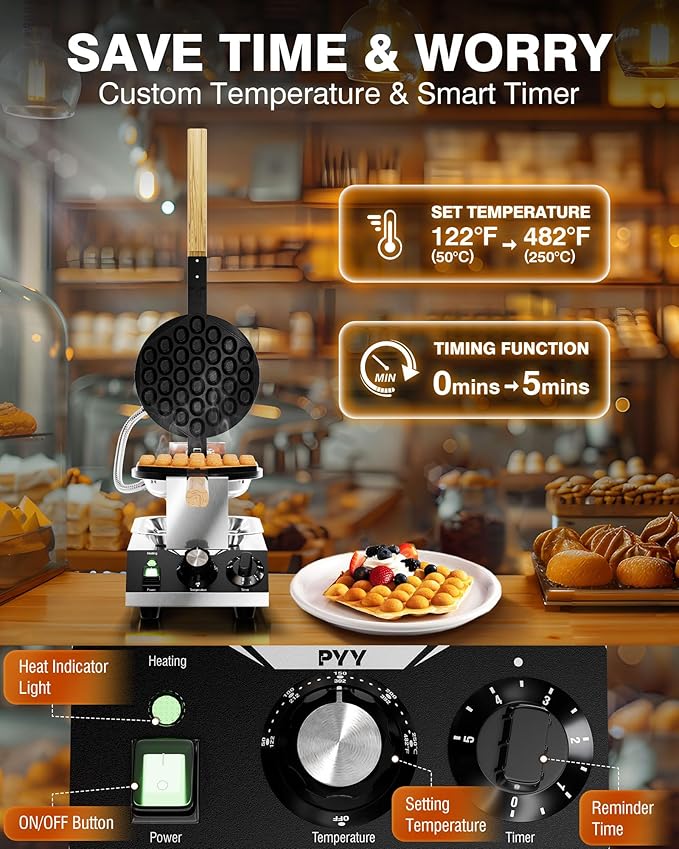 PYY Bubble Waffle Maker - Commercial Egg Puff Waffle Iron Machine, 180° Rotating, Non-stick Coating, 1500W Hong Kong Electric Stainless Steel, 122-482℉, 30 Egg Cones