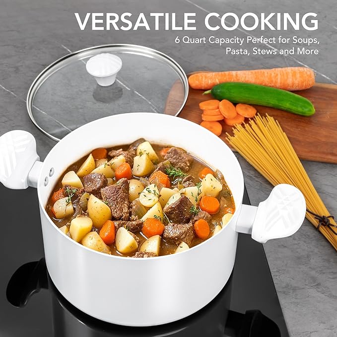 MICHELANGELO Stock Pot with Lid, 6 Quart Soup Pot with Lid, Nonstick Ceramic Cooking Pot with Stay-Cool Handle, Induction Compatible - 6QT, White