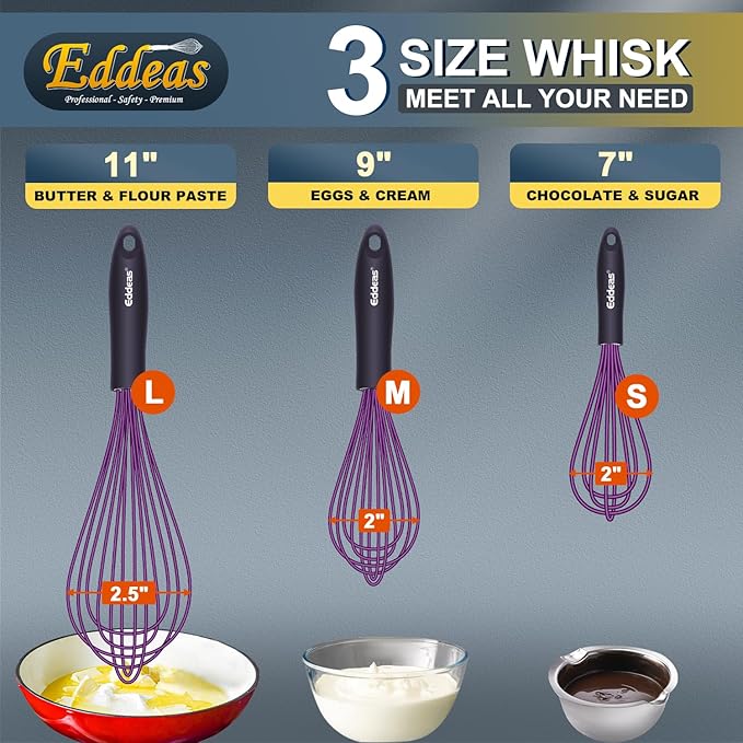 Silicone Whisk, Eddeas Whisk Non-Scratch Coated Whisks set of 3-Heat Resistant(450°F) Kitchen Wisk, Balloon Egg whisk Perfect for Blending, Whisking, Beating & Stirring, Purple