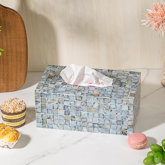 PEMAR Rectangular Mother of Pearl Tissue Box Capiz Shell Handmade Rectangle Tissue Box Cover Holder Decorative Napkin Dispenser Organizer Rustic Farmhouse Vintage Decor (Blue)