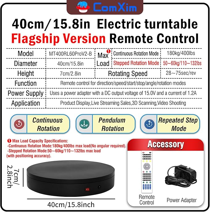 15.8In Remote Motorized Electric Turntable Rotating Display Stand Rotating Platform Photography Turntable motorized lazy susan base giratoria para for Photography,3D Scanner,(Load Range:132~400lbs)
