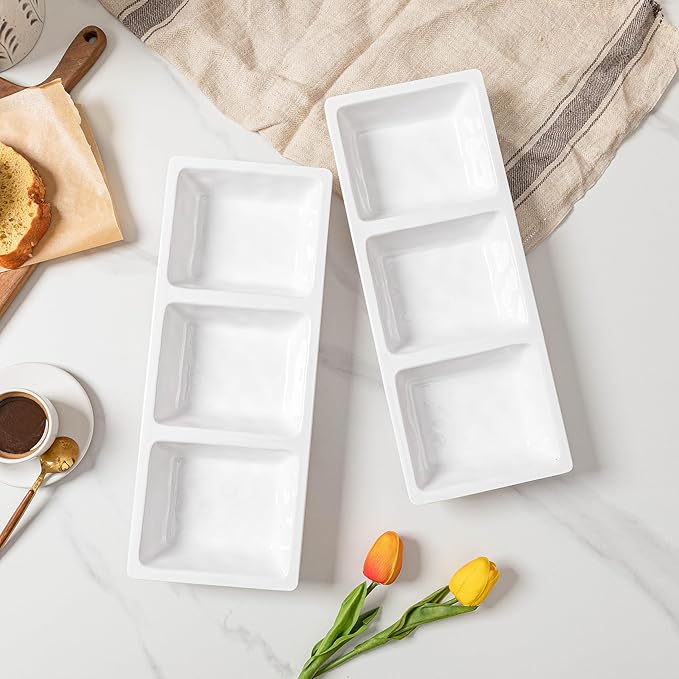 Divided Serving Tray, 14.75”x 6” Reusable 3-Section Party Platters, Condiment Serving Dishes for Entertaining, Ideal for Snacks, Appetizers, Fruit, Candy, Chip & Dip Set,White