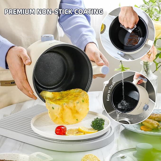 Electric Hot Pot:1.5 L Ramen Cooker, Dual Power Mini Portable Multi-Functional Lazy Pot for Pasta, Noodles, Egg, Soup, Non-Stick Noodle Cooker with Boil Dry Protection for Dorm, Office (Beige)