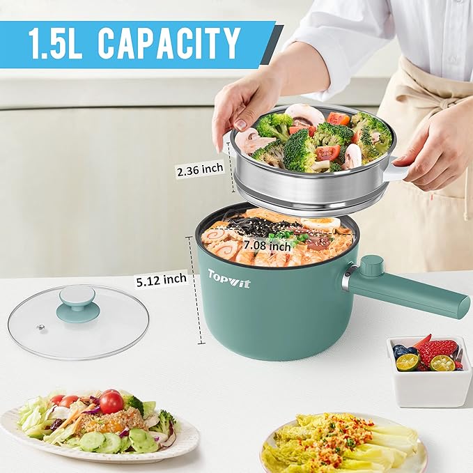 Topwit Hot Pot Electric with Steamer, 1.5L Ramen Cooker, Non-Stick Frying Pan, Electric Pot for Pasta, BPA Free, Electric Cooker with Dual Power Control, Over-Heating & Boil Dry Protection, Green