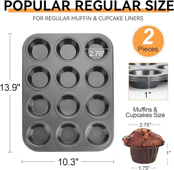 Muffin Tin, 12-Well Nonstick Cupcake Pan Set of 2, Heavy Duty Steel Muffin Pan