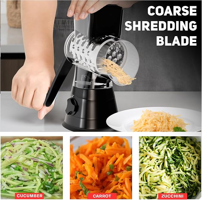 Rotary Cheese Grater Hand Crank - Counter Top 3 Blade Manual Cheese Shredder with Reinforced Suction, 3 Interchangeable Drums, Easy to Use Vegetable Chopper, Round Mandoline Slicer, Black