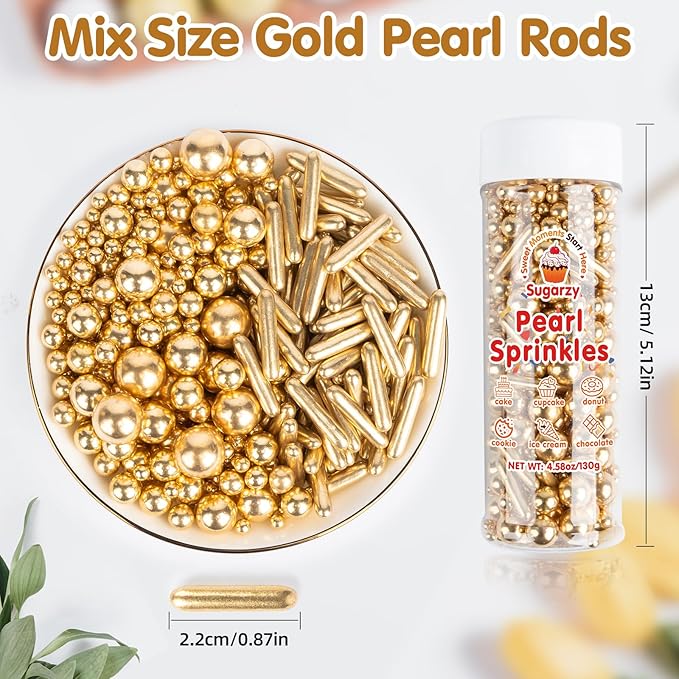 Gold Pearl Sprinkles,Edible Rods Pearl Sugar Candy Mix Size,130g/4.58oz,Baking Edible Cake Decorations,Cupcake Toppers,Cookie Decorating Donuts Ice Cream,Food Grade,Holiday Wedding Party Valentines Christmas Supplies