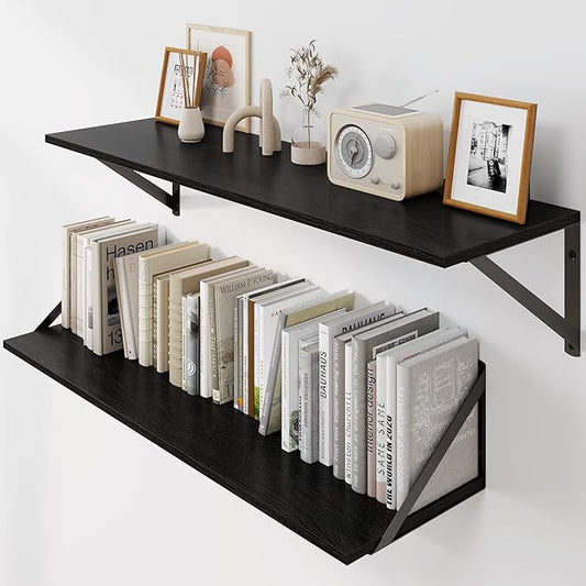 Heimlove Black Deep Floating Shelves for Wall, 30W x 8D Wood Wall Shelves Set of 2, Wide Floating Bookshelf for Living Room, Kitchen, Office, Bedroom and Decor Storage, with Metal Bracket - Black