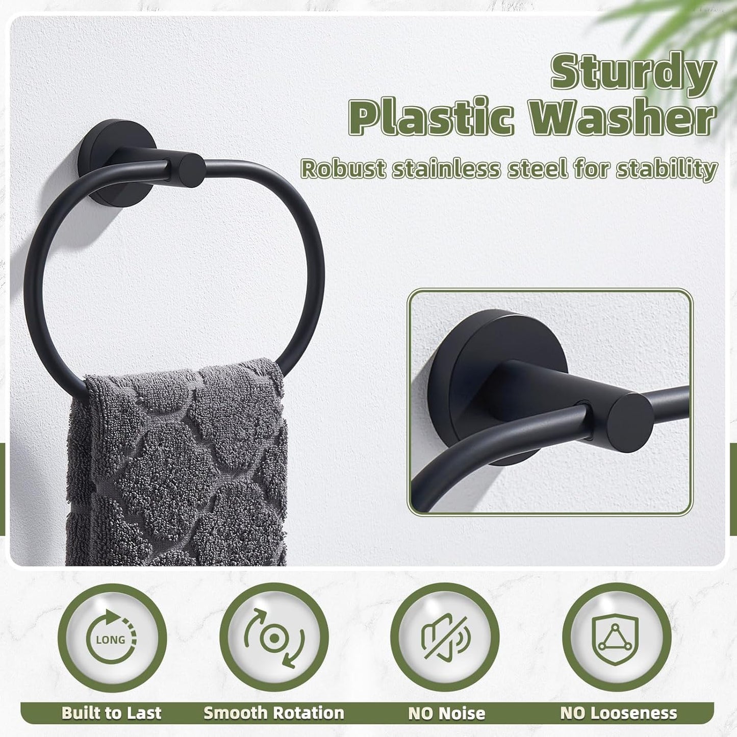 APLusee Matte Black Towel Ring, Stainless Steel Oval Hand Towel Holder for Bathroom Kitchen, Wall Mounted