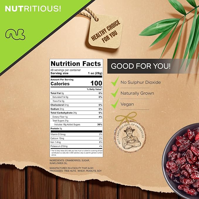 NUT CRAVINGS - Sun Dried Whole Cranberries, Lightly Sweetened (48oz, 3 LB) Bulk Dry Fruits Packed Fresh in Resealable Bag - Sweet Healthy Snack, Naturally Grown, Vegan, Kosher
