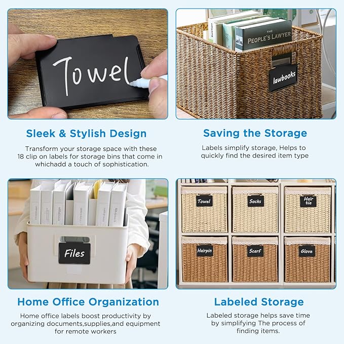 Metal Pantry Baskets Labels Clip On for Storage Bins | Edge Fold-Cream (Edge Fold-Black, 18 Metal Label Clip)