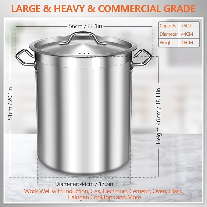 75 Quart Stainless Steel Stock Pot with Lid – Extra Large Commercial Cooking Pot for Soup, Stew, Seafood – Heavy Duty, Induction Ready – Perfect for Restaurants & Big Gatherings