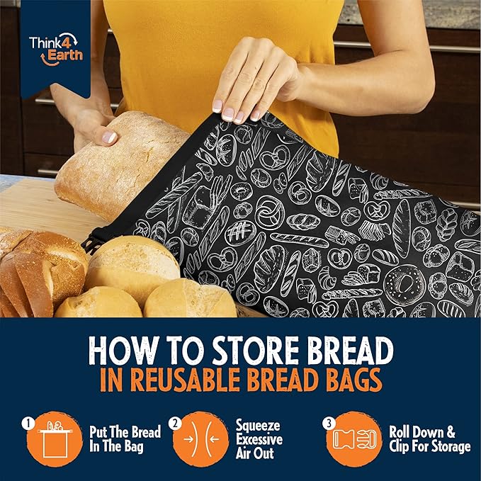 THINK4EARTH® Premium Black Reusable Bread Bags for Homemade Bread – Durable & Washable (2 Pack)
