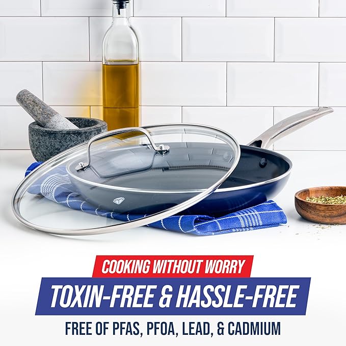 Blue Diamond 12" Nonstick Frying Pan with Lid, Diamond Infused PFAS & PTFE-Free Ceramic Skillet, Dishwasher & Oven Safe, Stay Cool Handle, Durable Non Toxic Metal Utensil Safe, Glass Lid, Blue