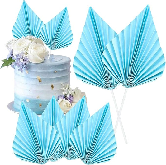 Gyufise 6pcs Paper Palm Fan Cake Toppers - Palm Leaf Fan & Spear Leaf Cupcake Toppers - Cake Insert Decoration for DIY Craft Projects, Home, Wedding, Party Supplies - Lake Blue