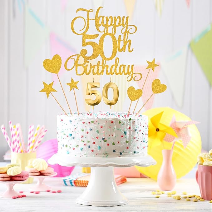 50th Birthday Cake Decorations, 50th Birthday Candles Cake Numeral Candles and Glitter Happy 50th Birthday Cake Toppers Set for Birthday Party Supplies (Gold)