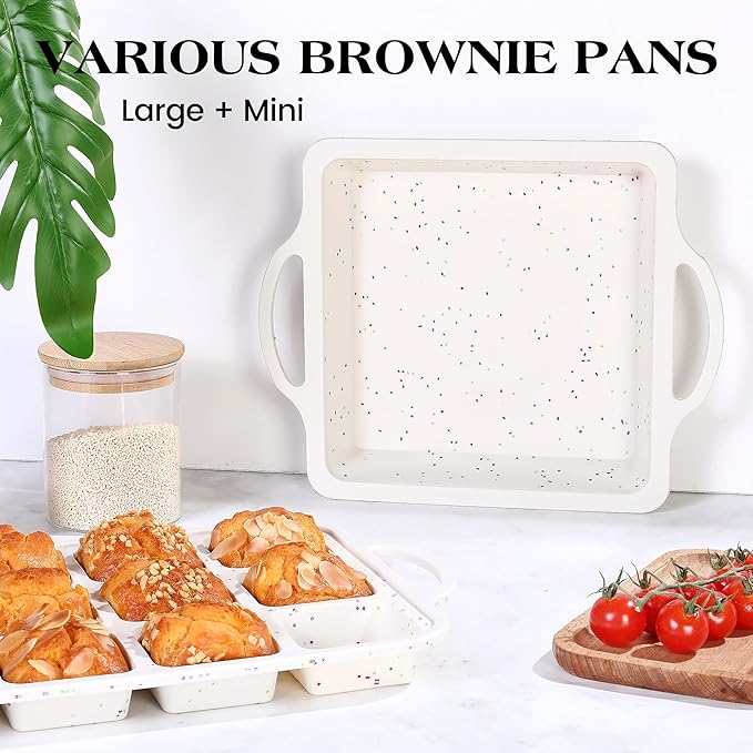 2 Pcs Brownie Pan With Dividers Silicone Nonstick Mini Individual 12 Cup Square Muffin Cupcake Pans with Metal Frame(Cream)
