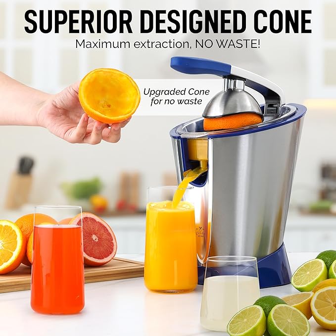 Zulay Electric Citrus Juicer - Makes Fresh Orange, Lemon, Grapefuit, Lime Juice - Stainless Steel, 160W Powerful & Quiet, Interchangeable Cones -Filters Out Seeds & Pulp - Dishwasher Safe Parts - Blue