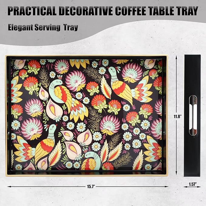 Spsyrine Decorative Serving Tray with Handles, Black Lacquered Coffee Table Tray for Ottoman, Rectangle Waterproof Platters for Centerpieces, Parties, Living Room, Kitchen Counter Organization Peacock