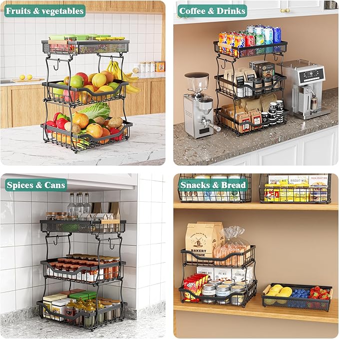 Giwil 3 Tier Countertop Fruit Mesh Basket for Kitchen, Vegetable Storage Bread Fruit Bowl Stand with 2 Banana Hooks, Wall Mounted Metal Wire Basket Organizer for Potato Onion, Black
