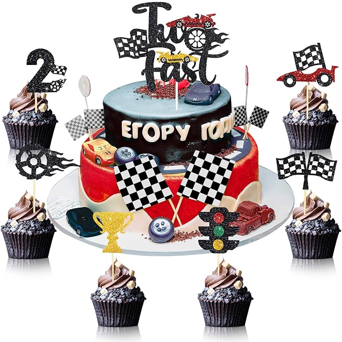 Gersoniel 49 Pack Two Fast Cake Toppers Cake Decoration Double Sided Trophy Flag Race Car Birthday Party Supplies