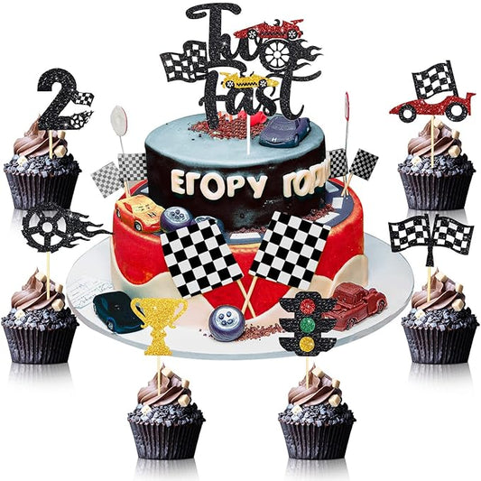 Gersoniel 49 Pack Two Fast Cake Toppers Cake Decoration Double Sided Trophy Flag Race Car Birthday Party Supplies