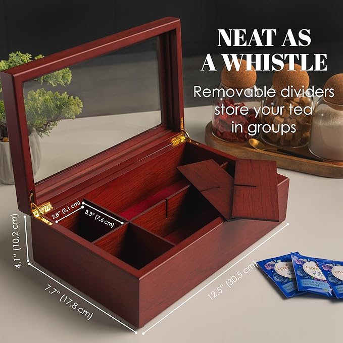 Tea Box - Luxury Wooden Tea Bag Organizer from The Apace Premier Collection - 8 Compartment Tea Storage Chest Container - Elegantly Handmade w/Scratch Resistant Window