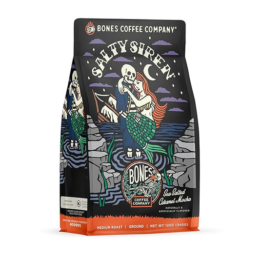 Bones Coffee Company Salty Siren, Sea Salted Caramel Chocolate Flavored Coffee, Medium Roast Low Acid Arabica Beans Compatible with Auto drip and French Press Coffee Maker, 12 Oz Ground