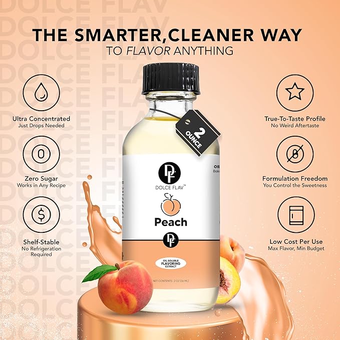 Dolce Flav Peach Extract (Oil-Soluble) 8 oz – Kosher, Sugar-Free, Concentrated Juicy Peach Flavoring for Baking, Chocolates & Desserts, Includes Measured Dropper