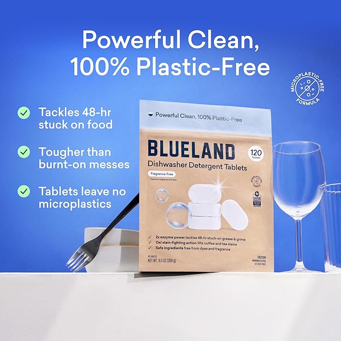 BLUELAND Dishwasher Detergent Tablets, 120 Count, Unscented 100% Plastic-Free Eco Friendly Dishwashing Pods, Natural, Sustainable